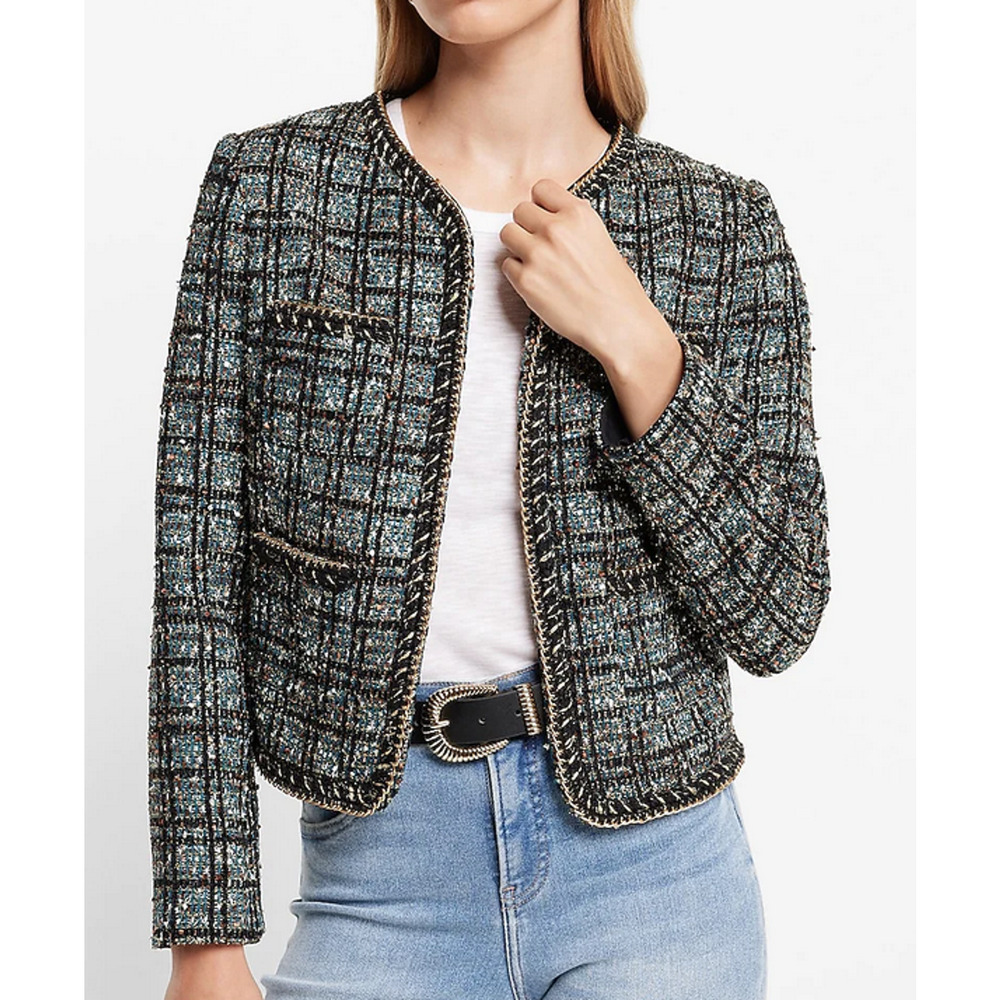 NEW EXPRESS METALLIC PLAID GOLD CHAIN TWEED JACKET IN MULTI TEAL BLACK SIZE XS
